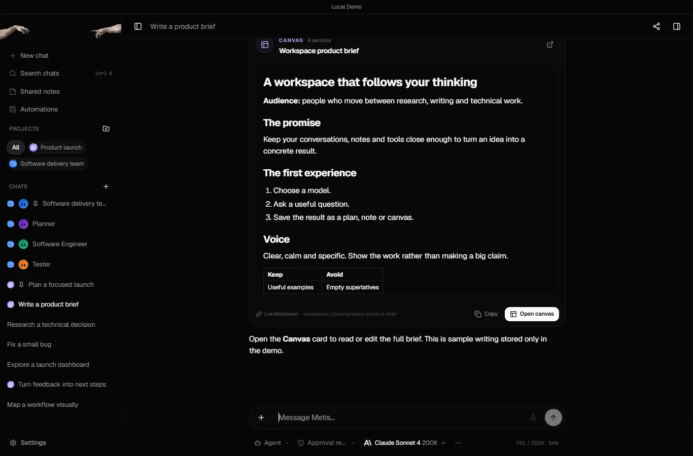 The Metis demo chat Write a product brief showing a Canvas card titled Workspace product brief with four sections and an Open canvas button