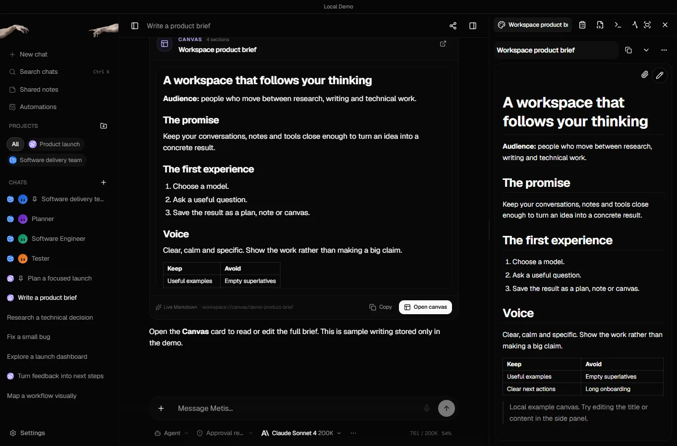 The Metis canvas Workspace product brief open in the workspace panel on the right, with tabs for plans, files, terminal and monitor