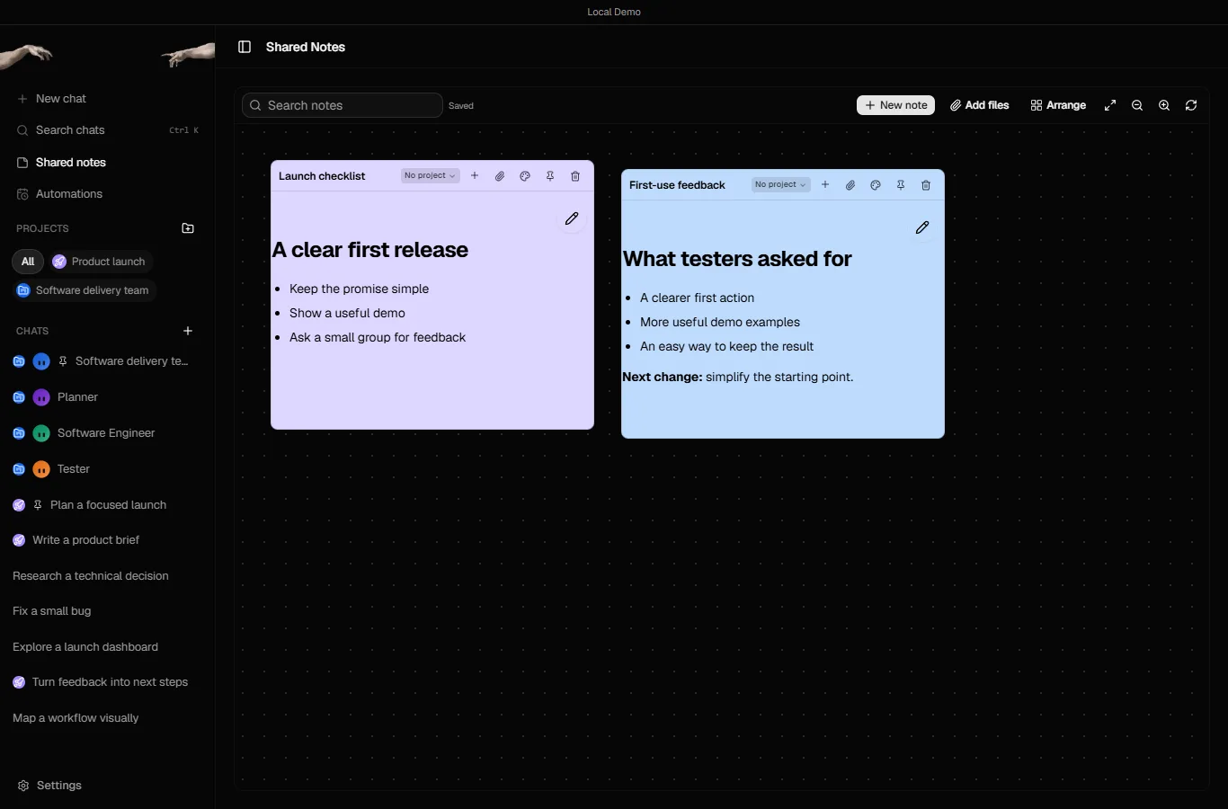 The Metis Shared Notes board with two sticky notes, Launch checklist and First-use feedback, and New note, Add files and Arrange buttons