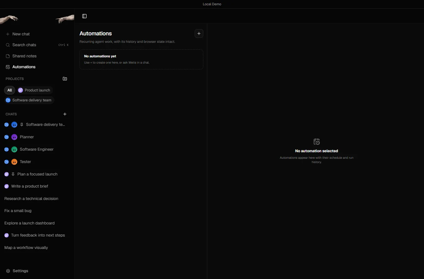 The Metis Automations page, Recurring agent work with its history and browser state intact, with no automations yet and a plus button