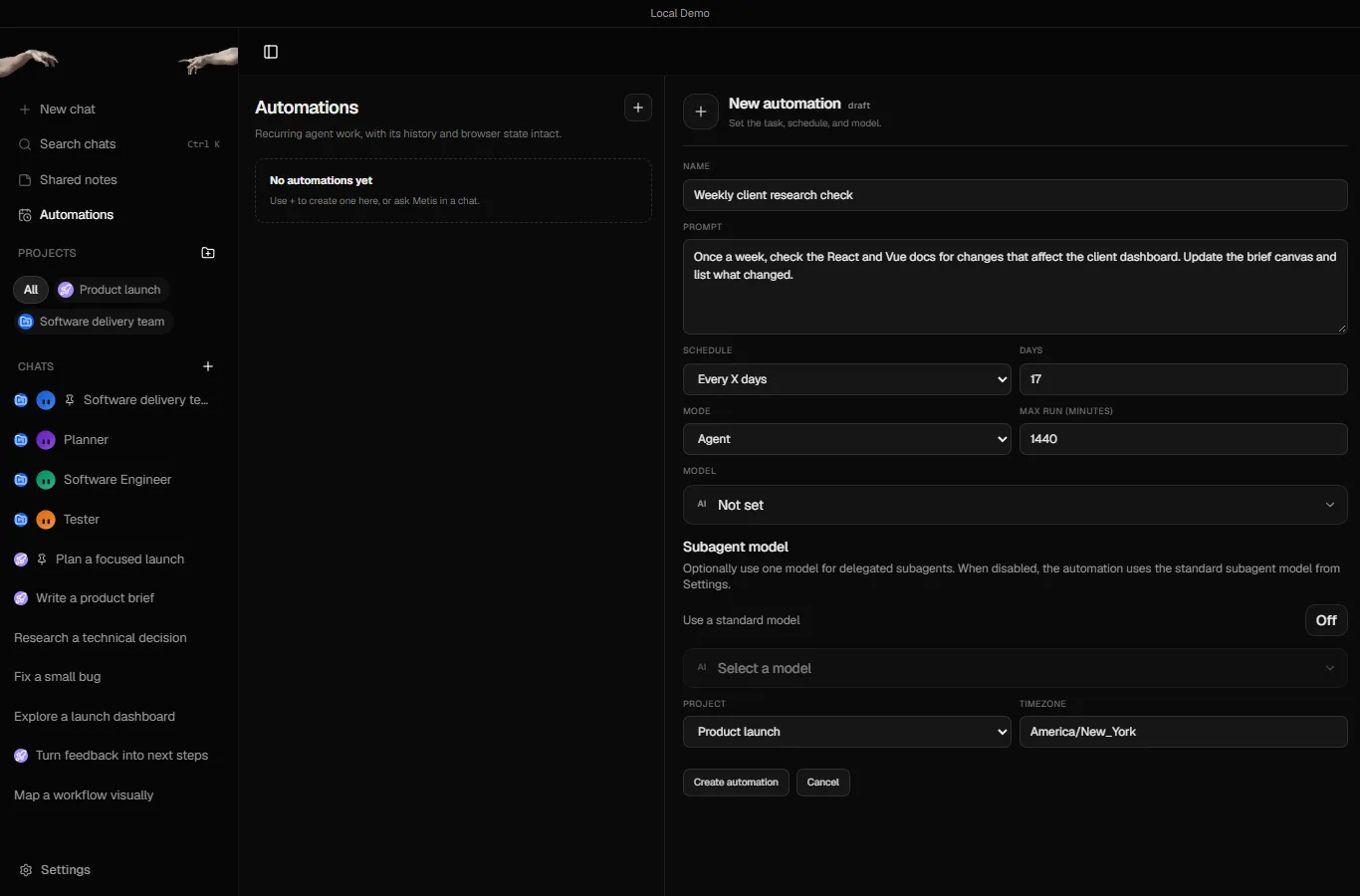 The Metis New automation form filled in with the name Weekly client research check, a prompt, a schedule of every 7 days and the Product launch project