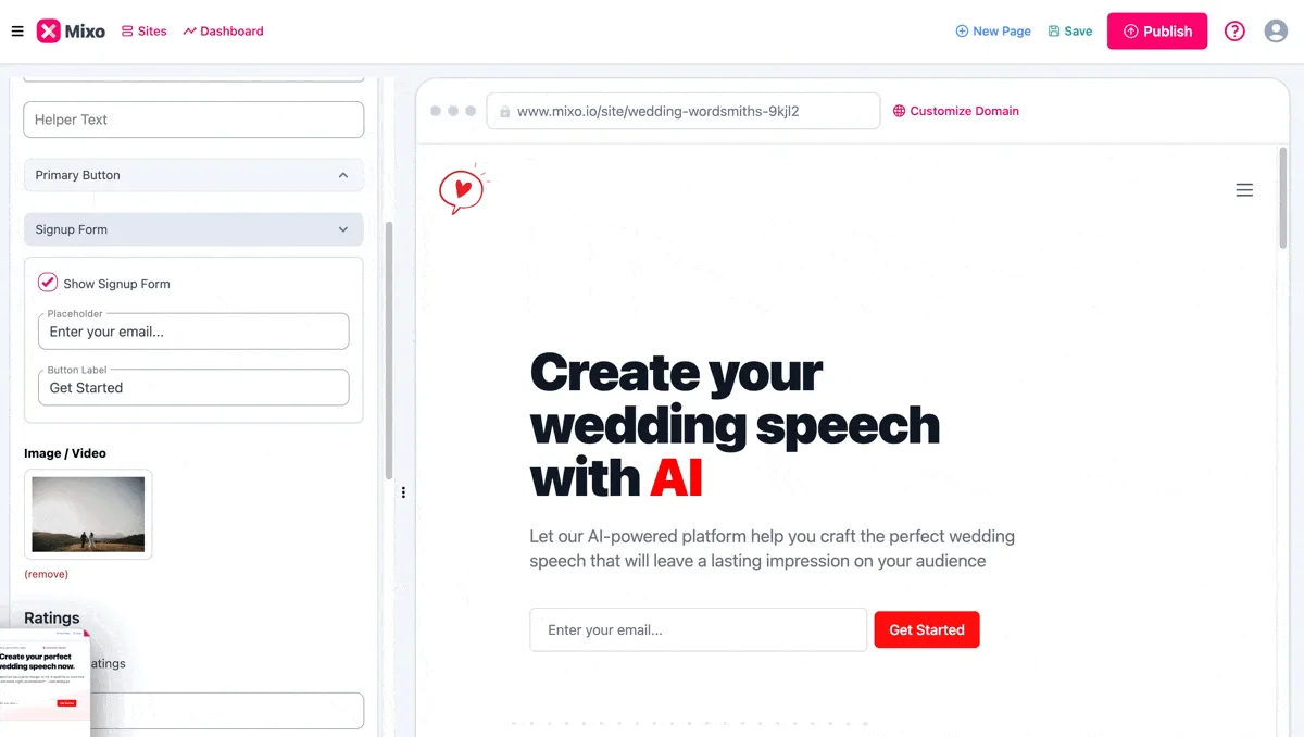 Mixo editor with Show Signup Form ticked in the Hero section, and the preview showing an email box with a Get Started button