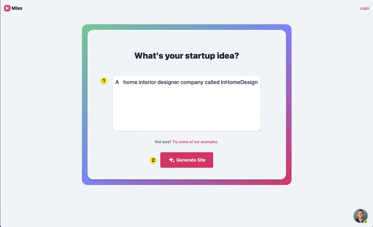 Mixo's first screen: a box for your business idea in one sentence and the Generate Site button