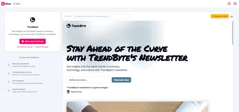 Mixo's preview of a generated site with the Regenerate Style button at the top right