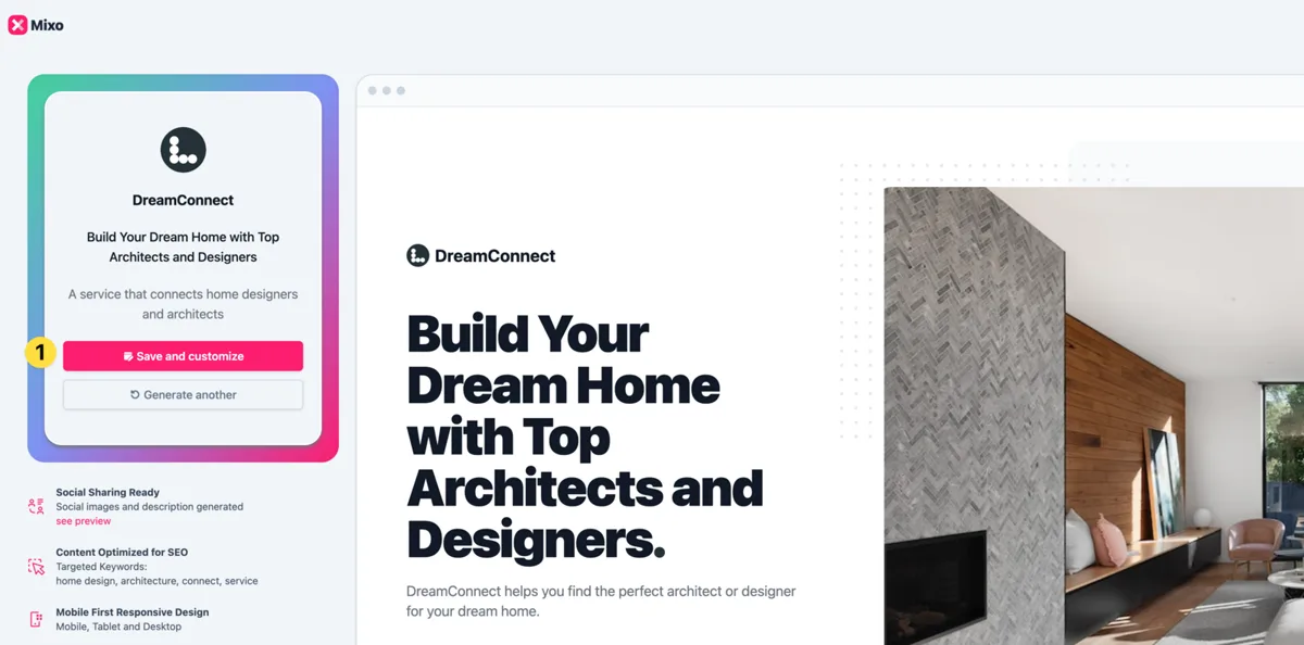 Mixo's generated site preview with the Save and customize and Generate another buttons