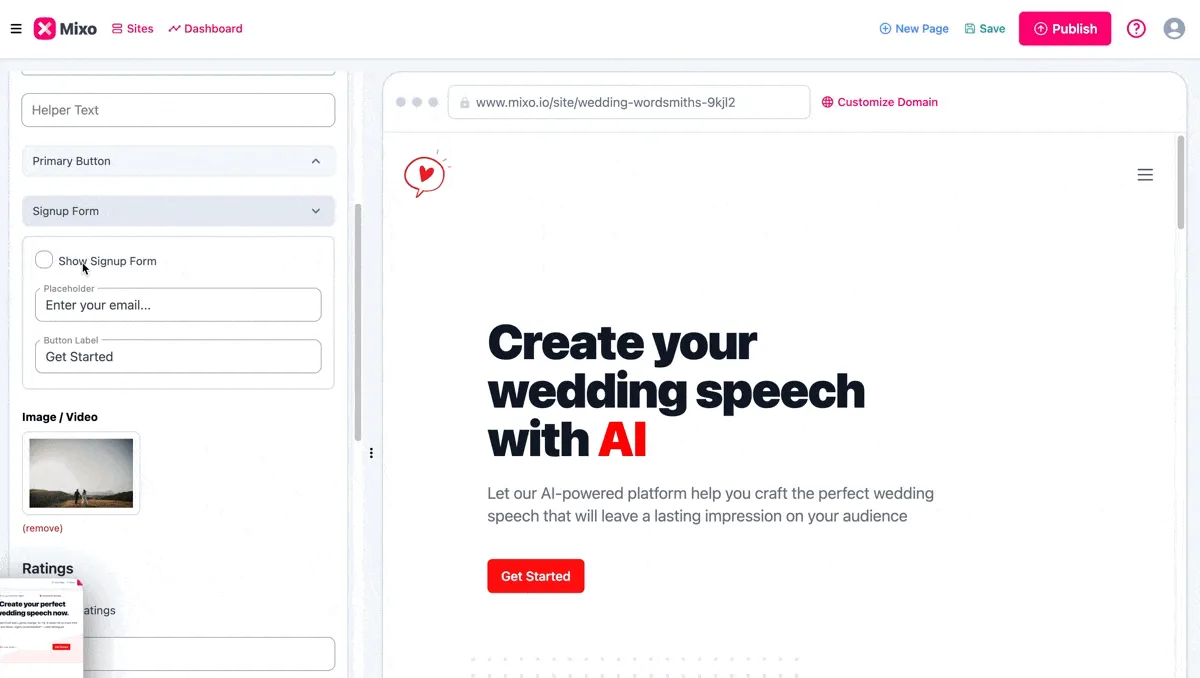 Mixo editor Hero section scrolled to Primary Button and Signup Form, with Show Signup Form not yet ticked