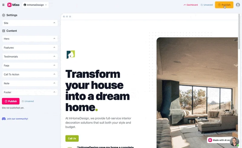 Mixo editor with the sections list on the left and the Publish button at the top right