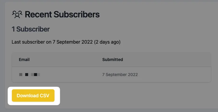 Mixo Recent Subscribers card with the Download CSV button