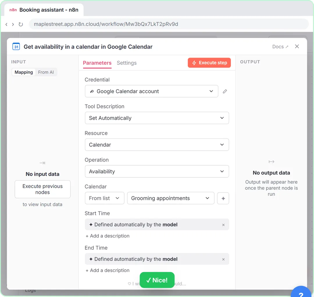 n8n Google Calendar availability tool with start and end times defined automatically by the model