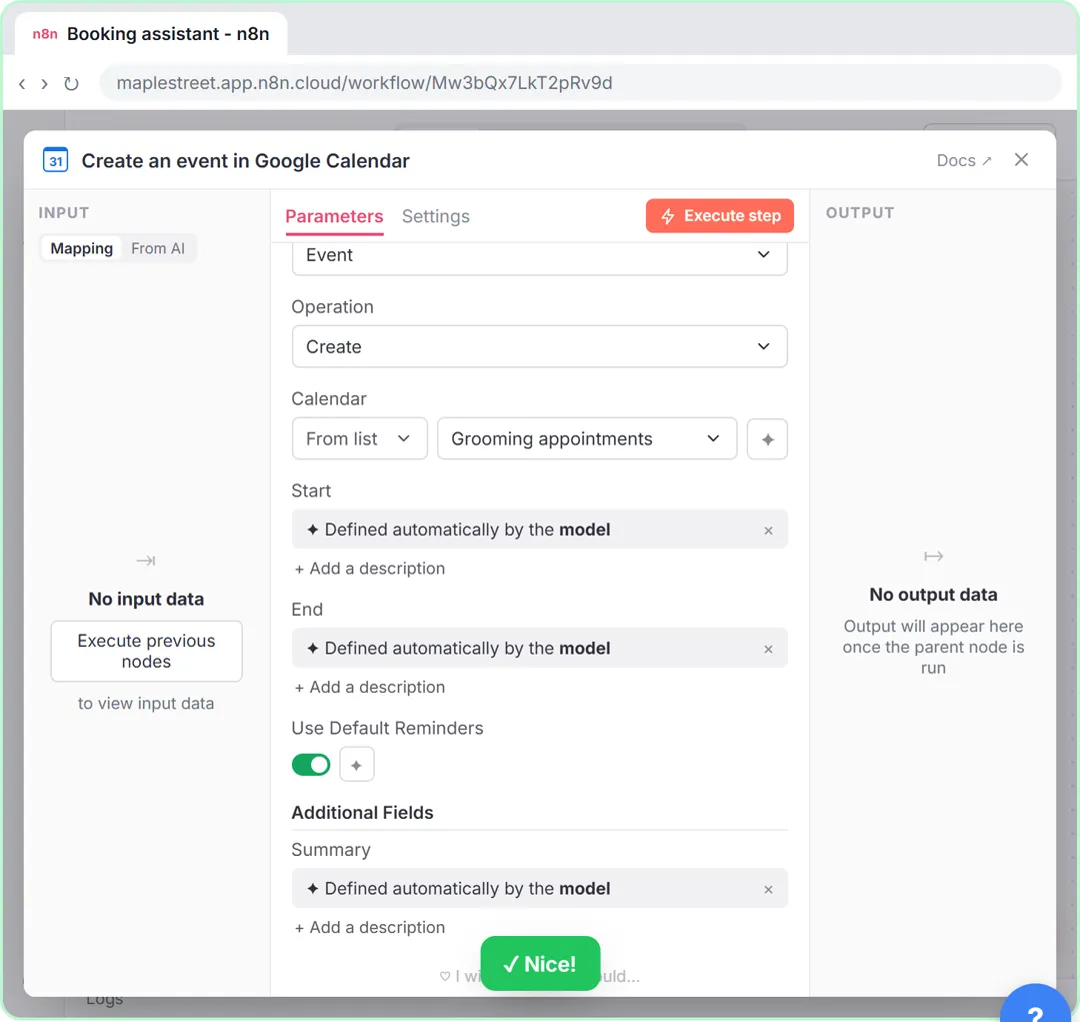 n8n Google Calendar Create an event tool whose start, end and summary are filled by the model