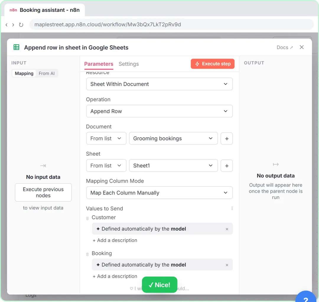 n8n Google Sheets Append row tool logging customer and booking columns filled by the model