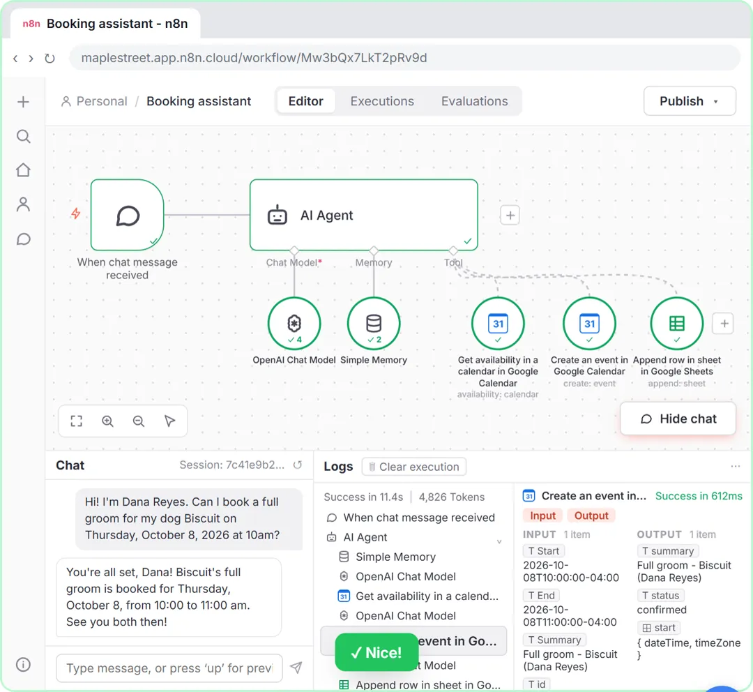 n8n AI agent workflow with three tools and a test chat where the agent books a grooming appointment