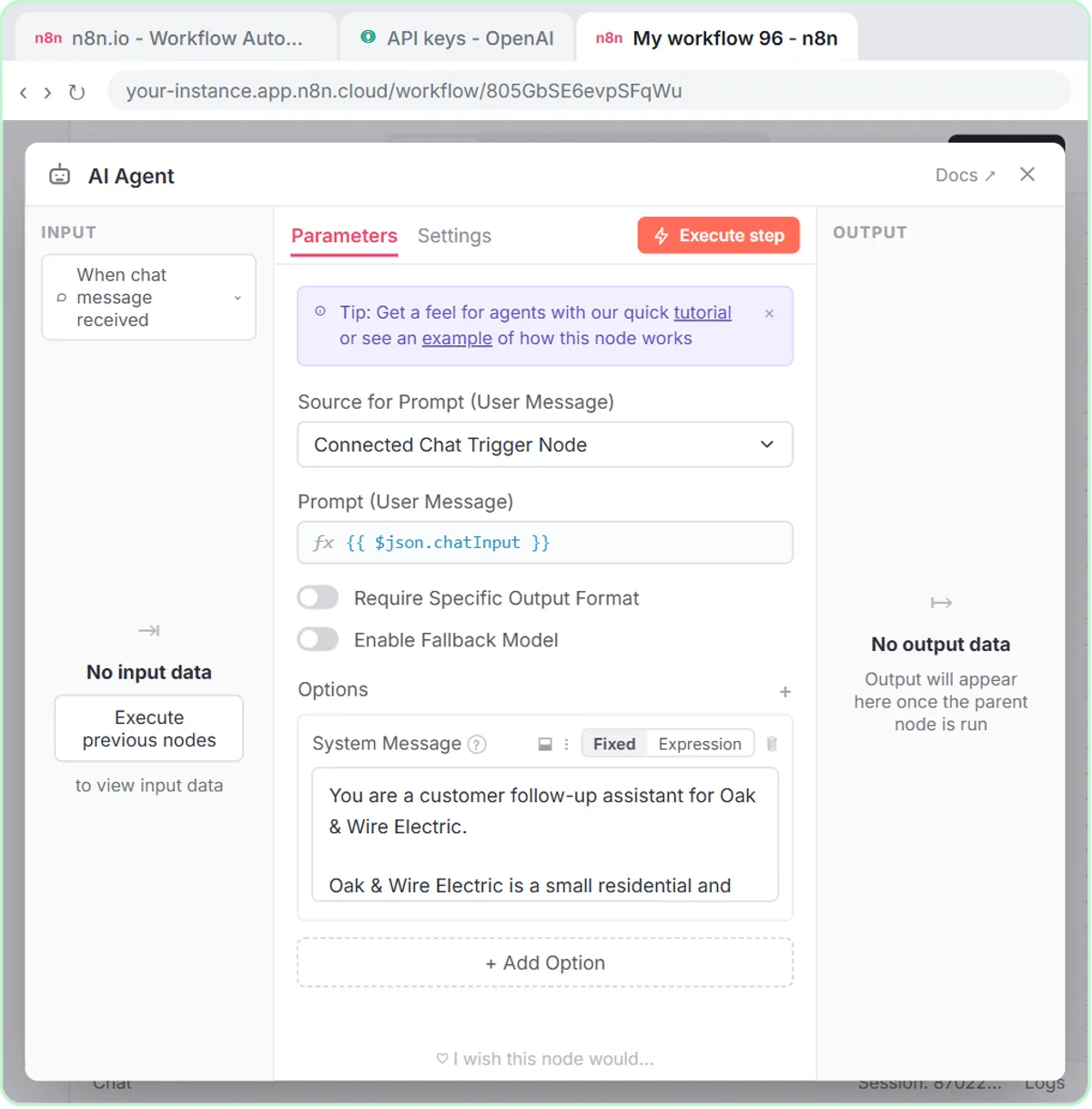 n8n AI Agent node with a system message written for Oak & Wire Electric