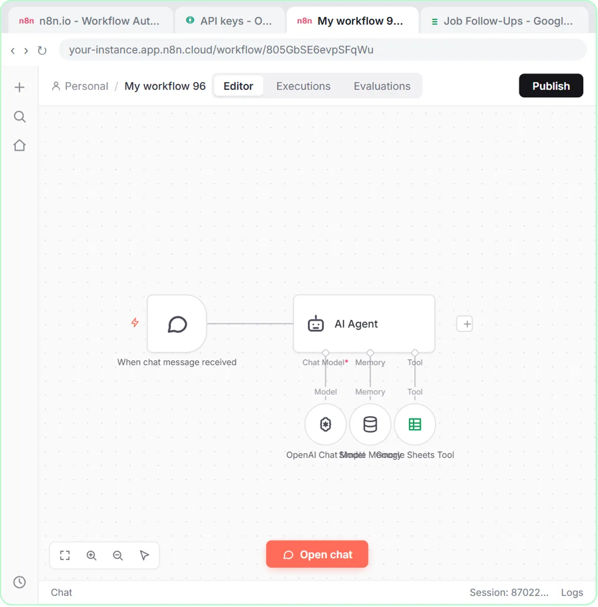 n8n canvas for Oak & Wire Electric: chat trigger, AI Agent, OpenAI model, memory and Sheets tool