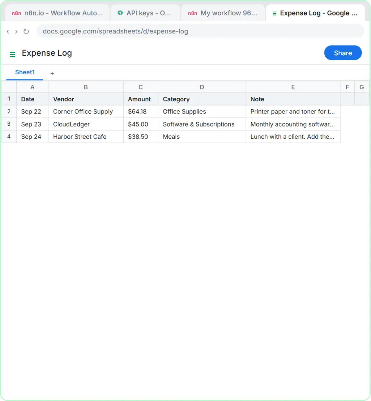 Expense Log sheet filled in by the agent: office supplies, software and a client lunch, each categorized