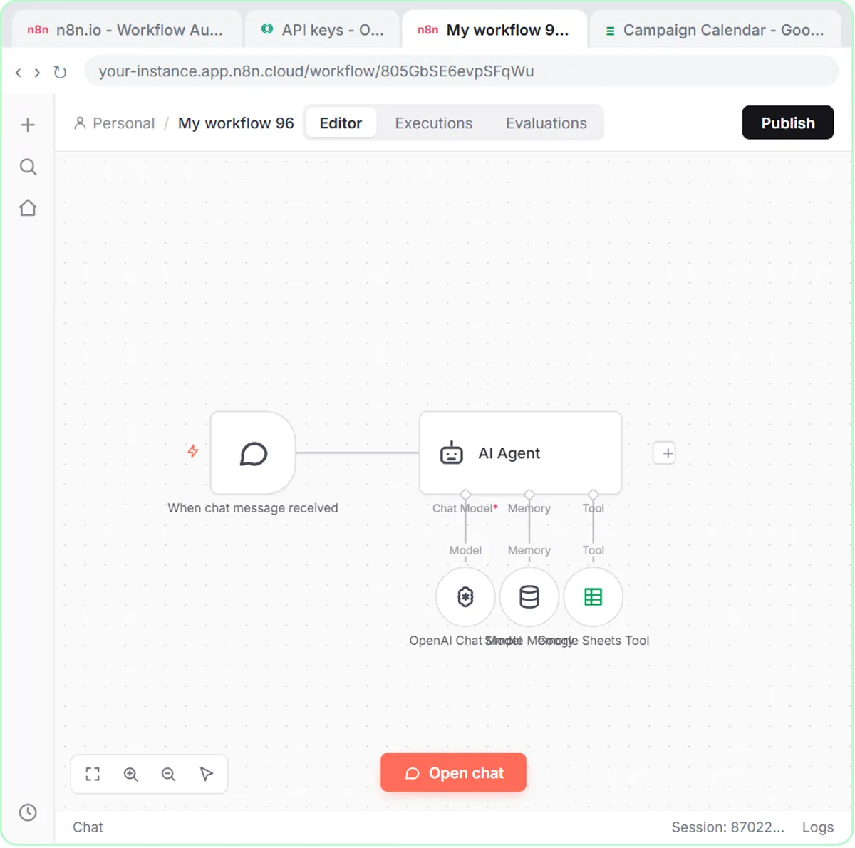 n8n canvas for Harbor & Pine Coffee Roasters: chat trigger, AI Agent, OpenAI model, memory and Sheets tool