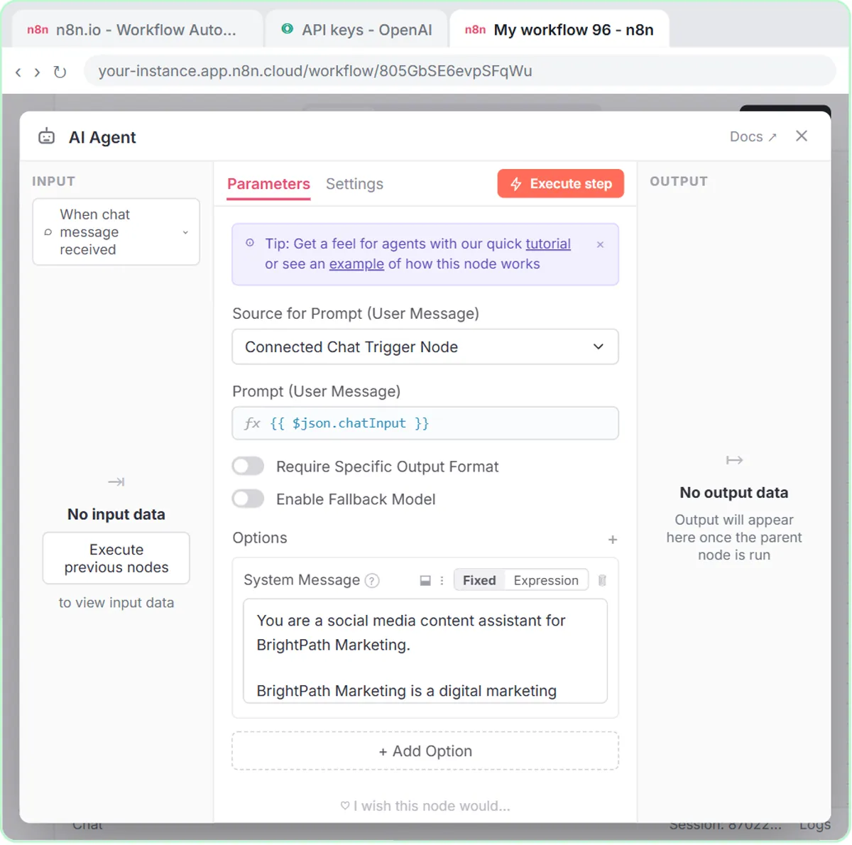n8n AI Agent node with a system message written for BrightPath Marketing