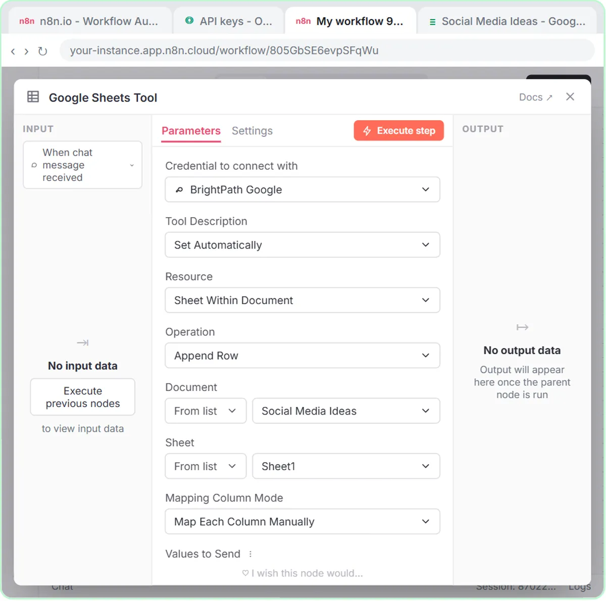 n8n Google Sheets tool set to append rows to the Social Media Ideas spreadsheet, mapping each column