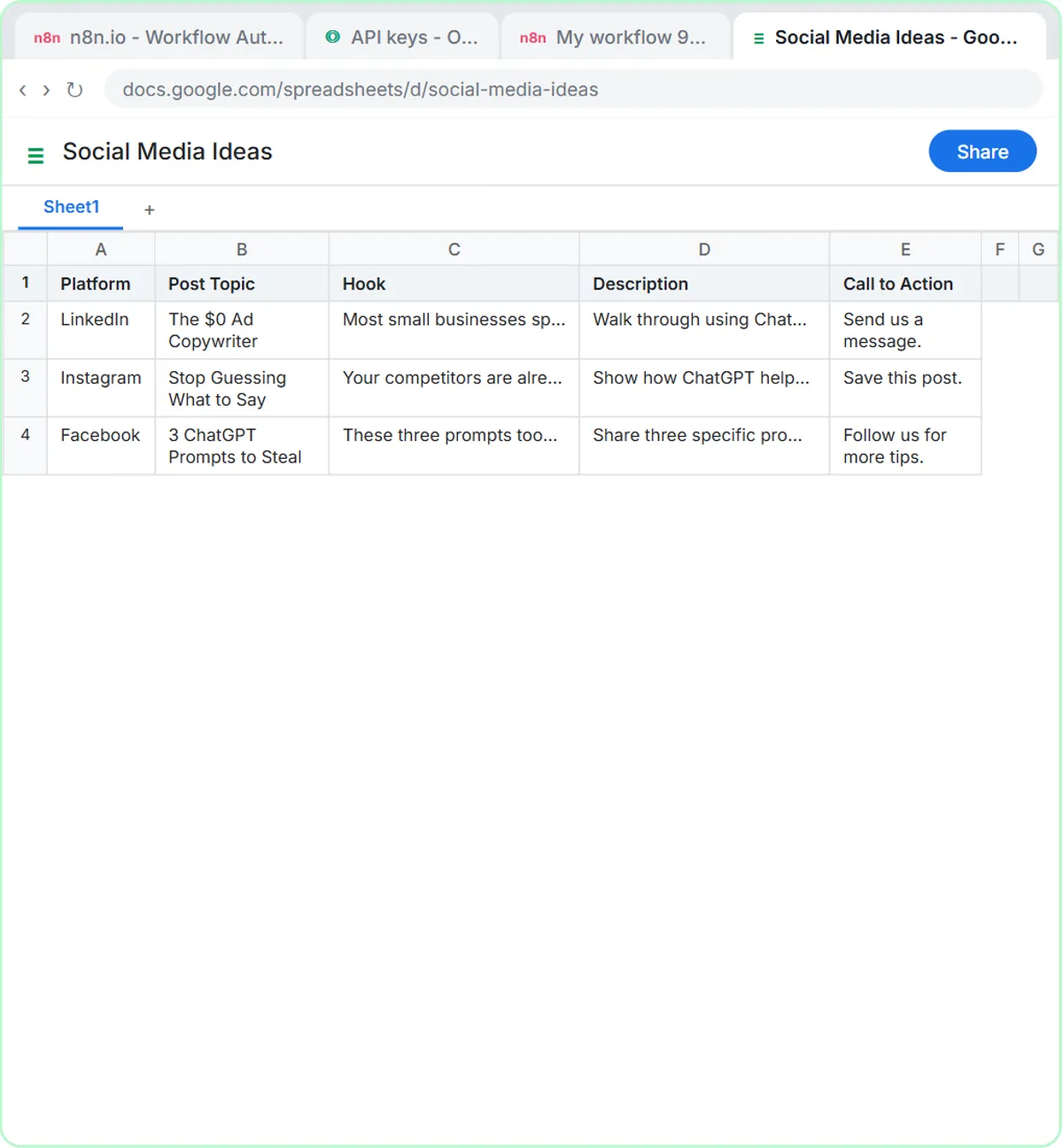 Social Media Ideas sheet filled in by the agent: three LinkedIn, Instagram and Facebook post ideas with hooks