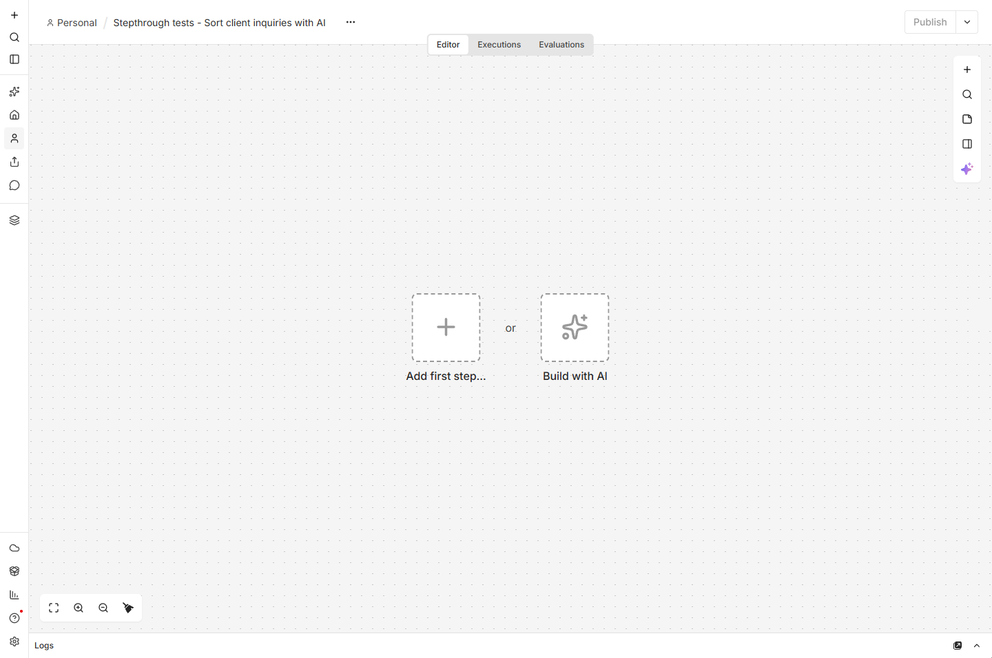 Empty n8n workflow canvas named Stepthrough tests - Sort client inquiries with AI, with Add first step