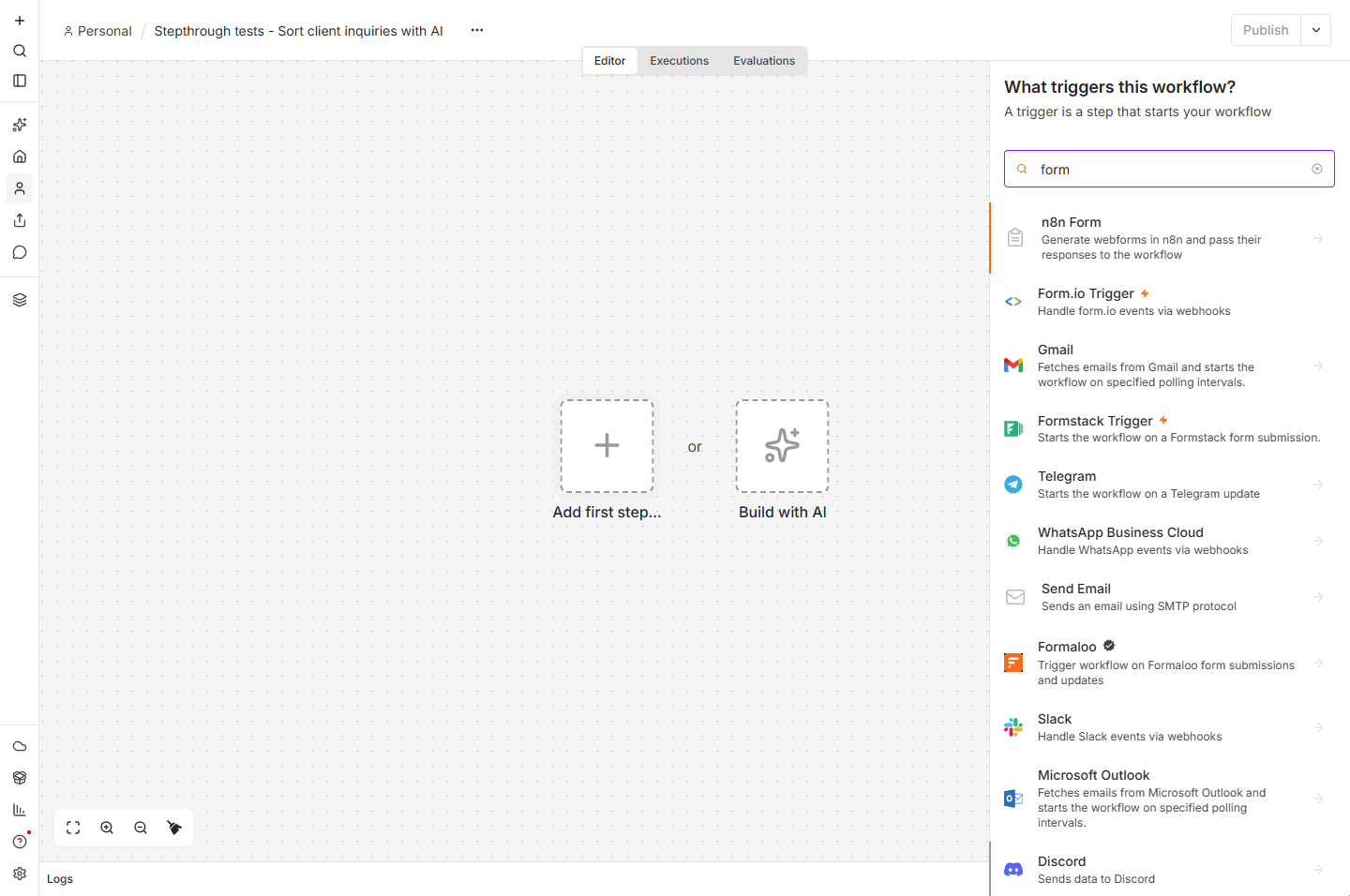 n8n What triggers this workflow? panel searched for form, with n8n Form at the top