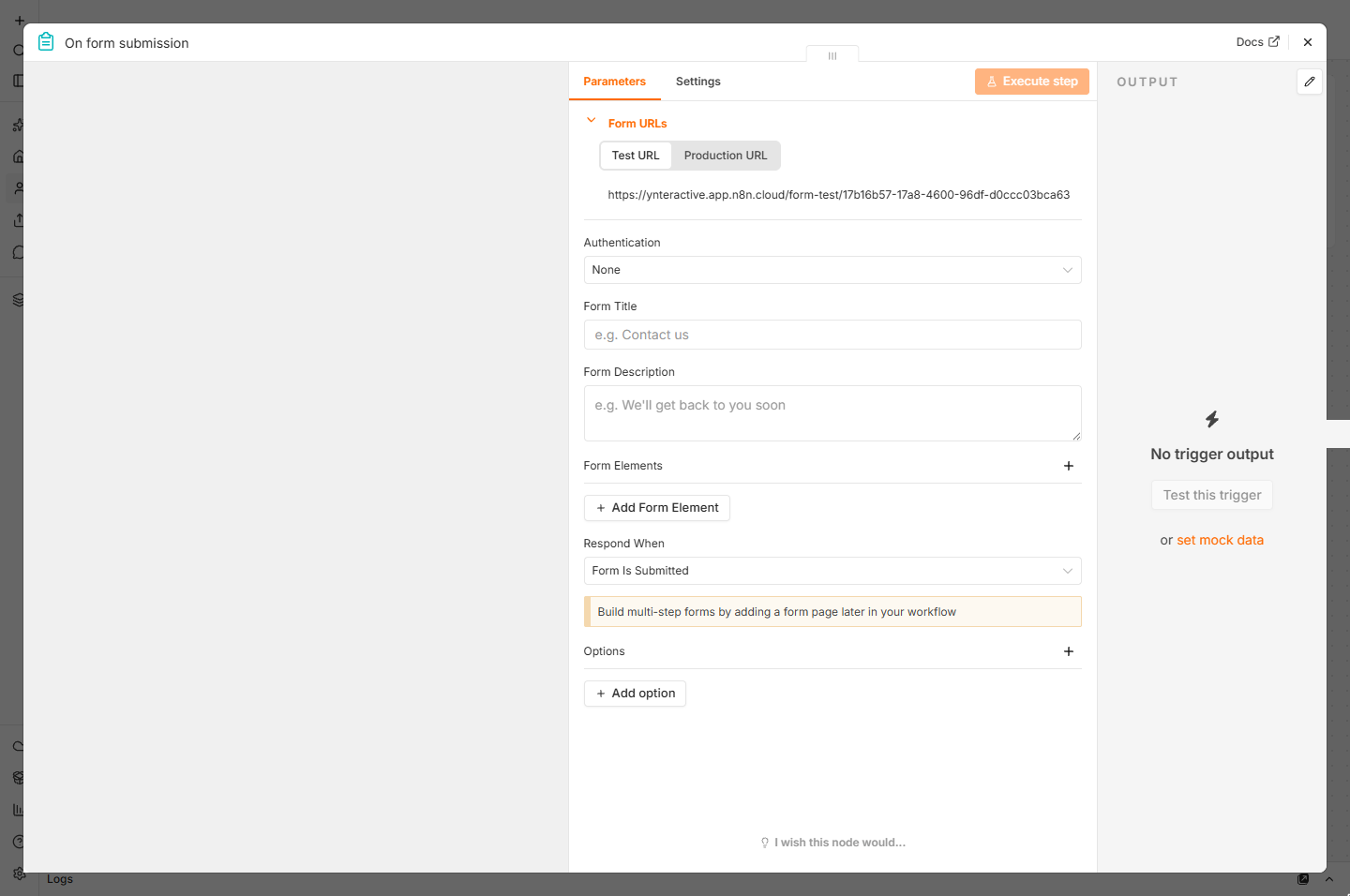n8n On form submission panel with an empty Form Title and Form Description