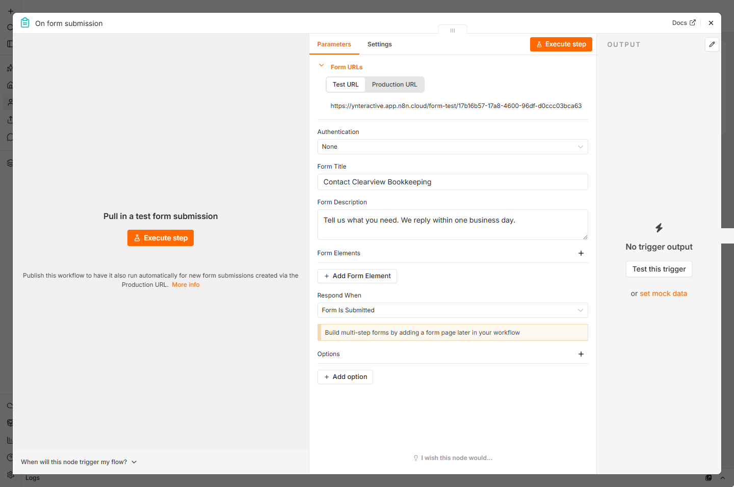 n8n form titled Contact Clearview Bookkeeping with a one-line description