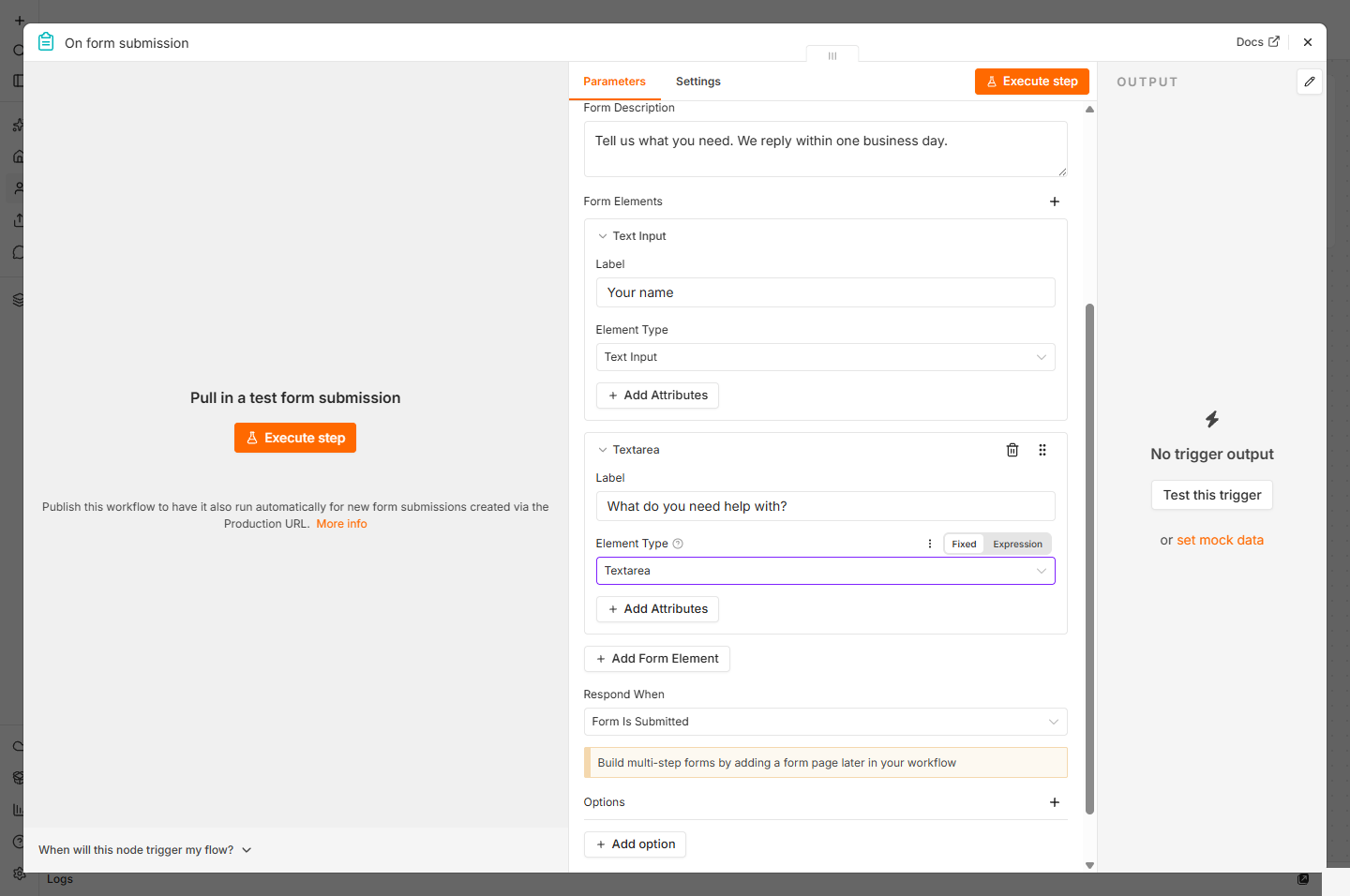 n8n form elements: Your name as Text Input and What do you need help with? as Textarea
