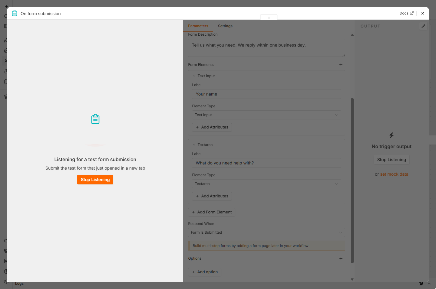 n8n Listening for a test form submission after Execute step