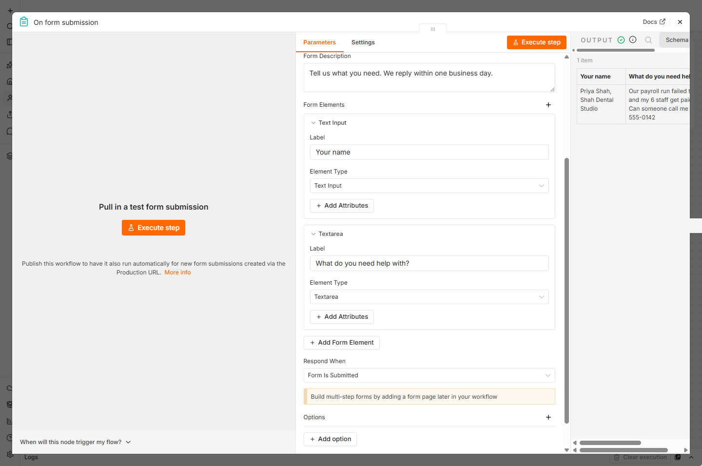 n8n form trigger output: 1 item with the name and the message
