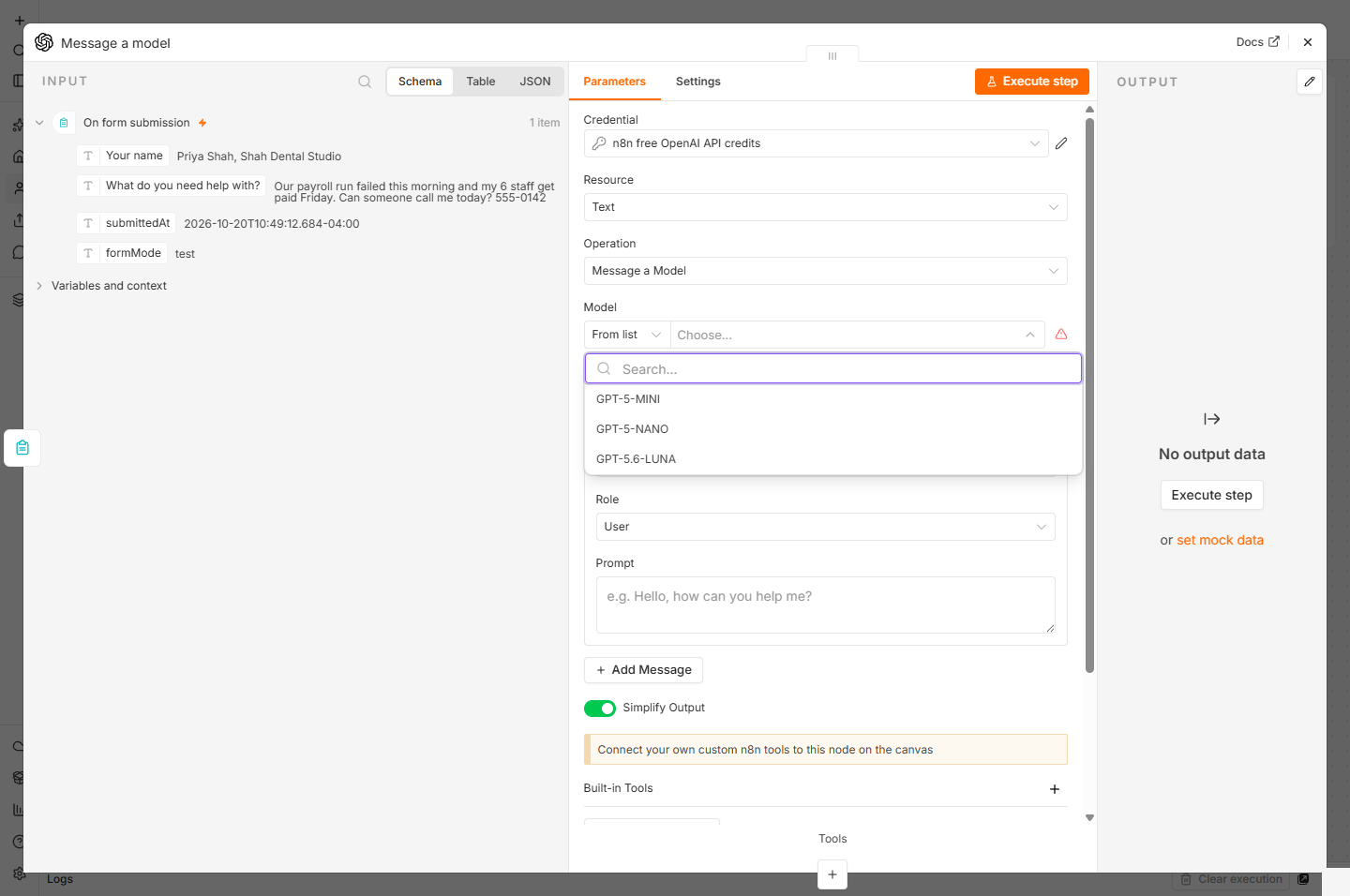 n8n OpenAI Message a model with n8n free OpenAI API credits and the model list GPT-5-MINI, GPT-5-NANO