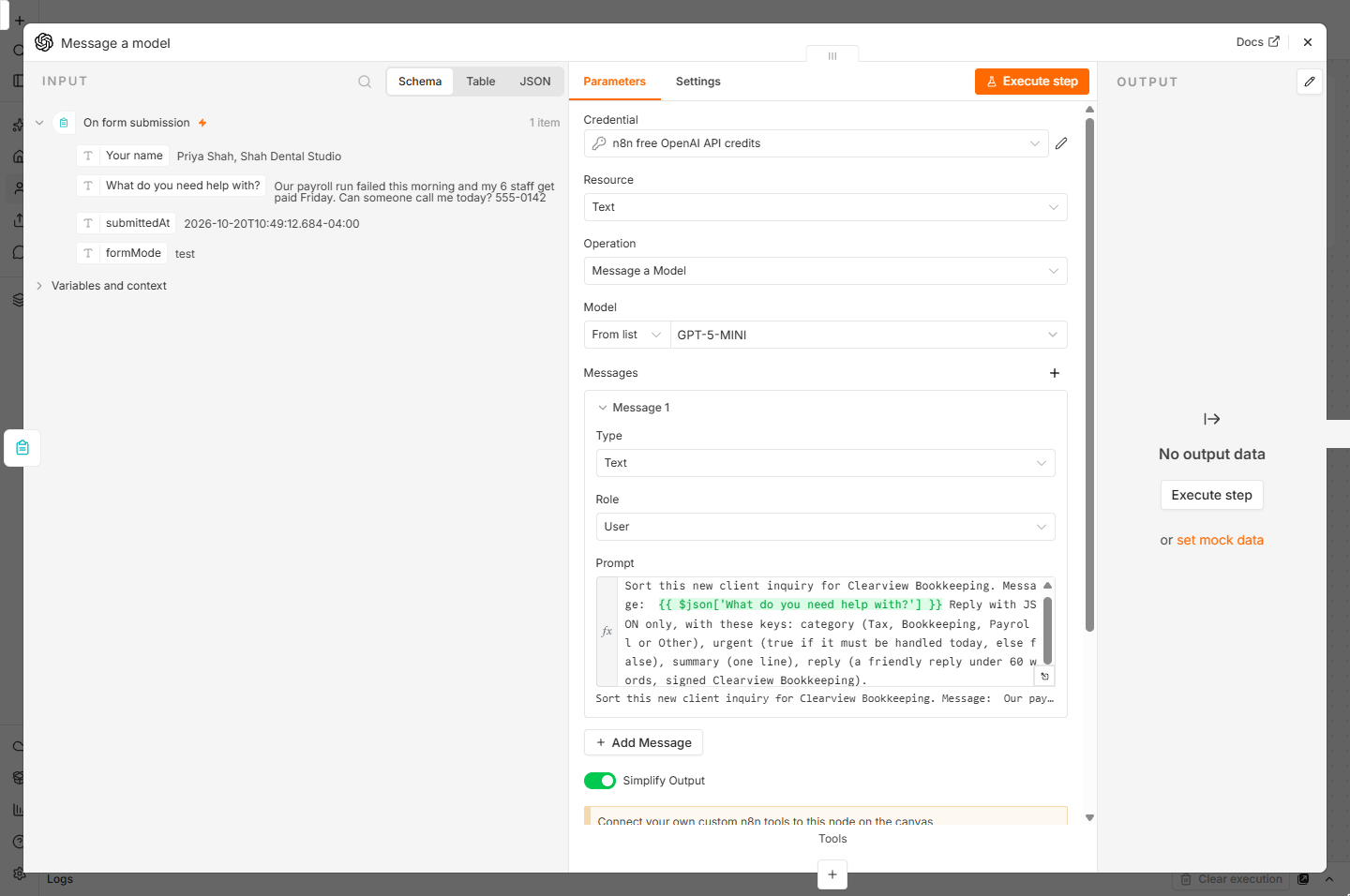 n8n OpenAI prompt that sorts a client inquiry and asks for category, urgent, summary and reply as JSON