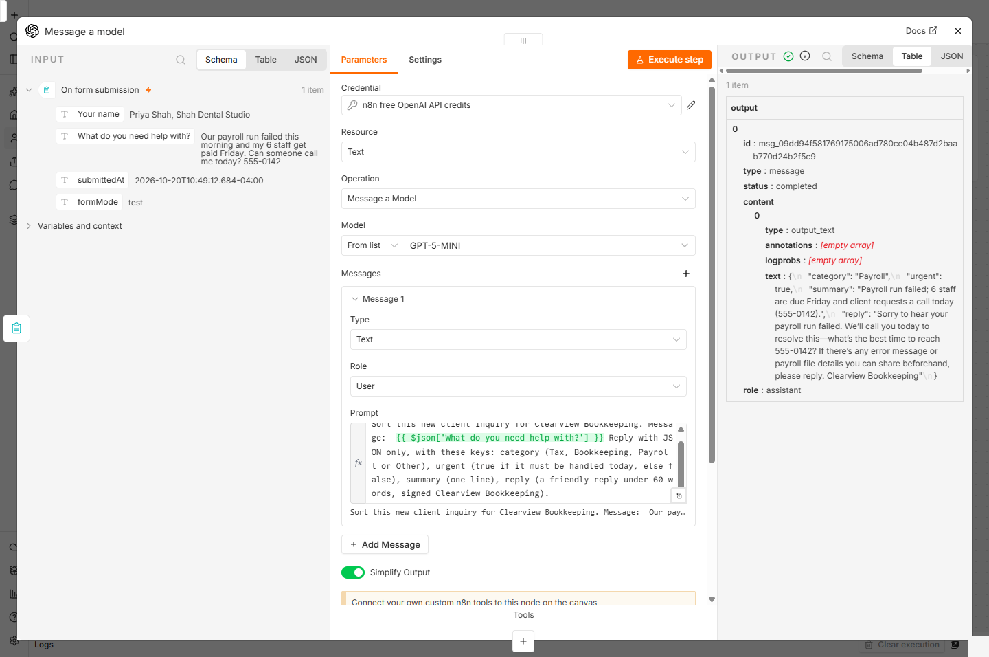GPT-5-MINI output in n8n: category Payroll, urgent true, a summary and a draft reply