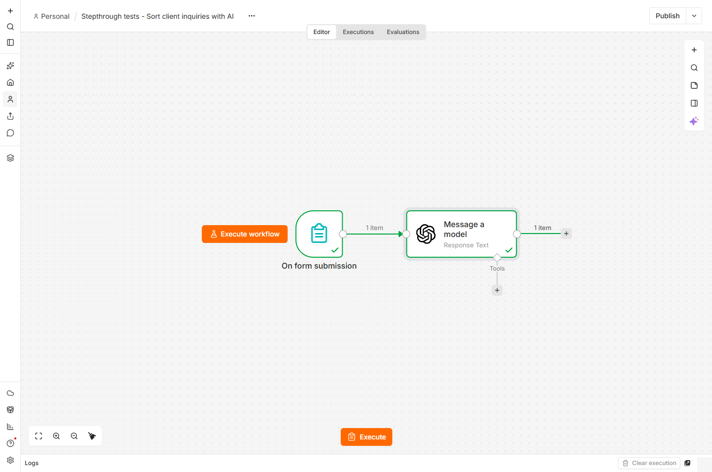 n8n canvas: On form submission then Message a model
