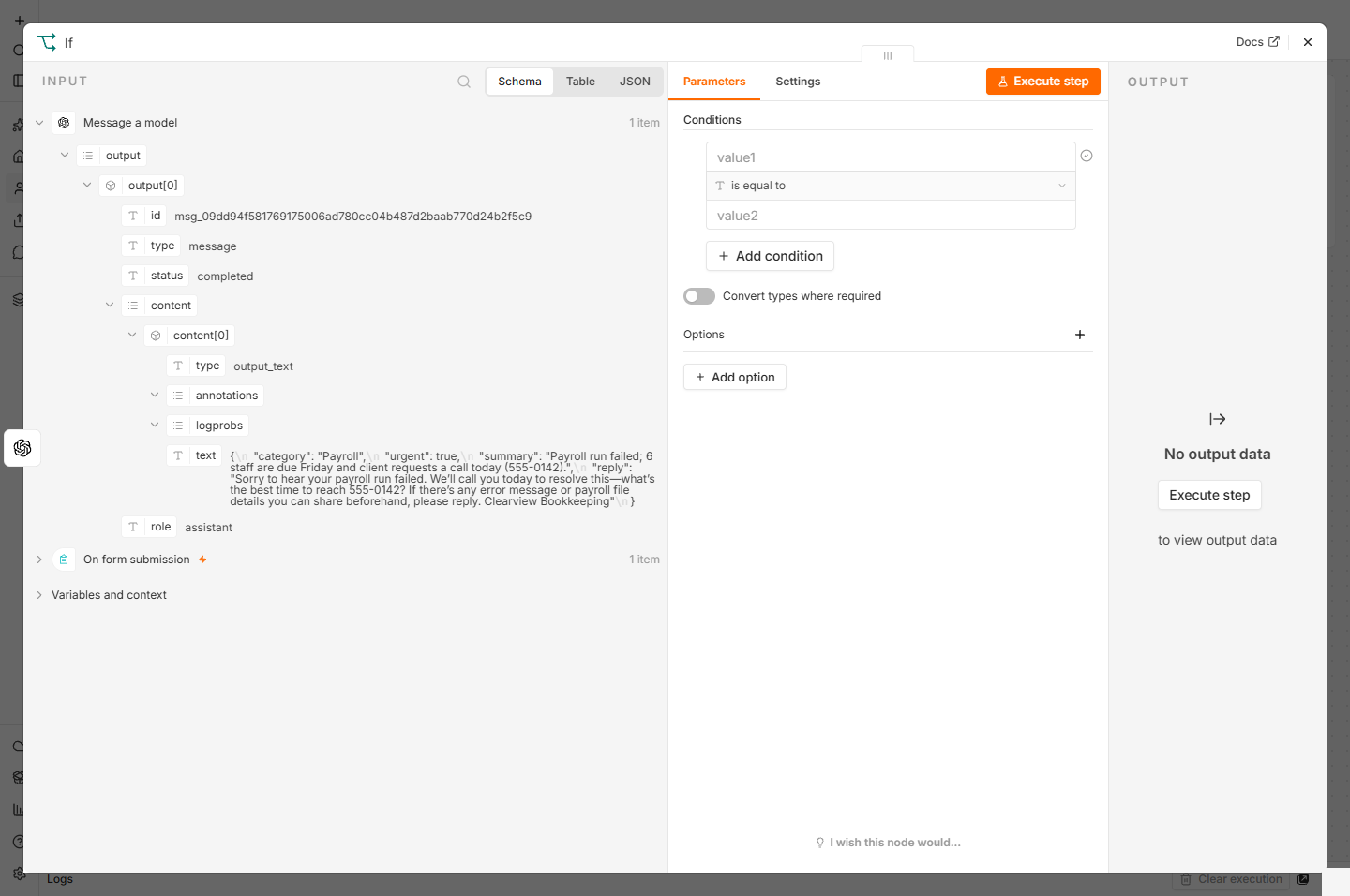 n8n If node with empty conditions next to the AI answer in INPUT