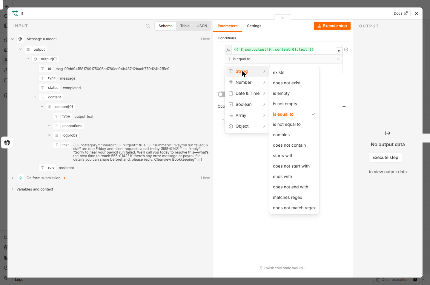 n8n If condition operator menu: String, contains