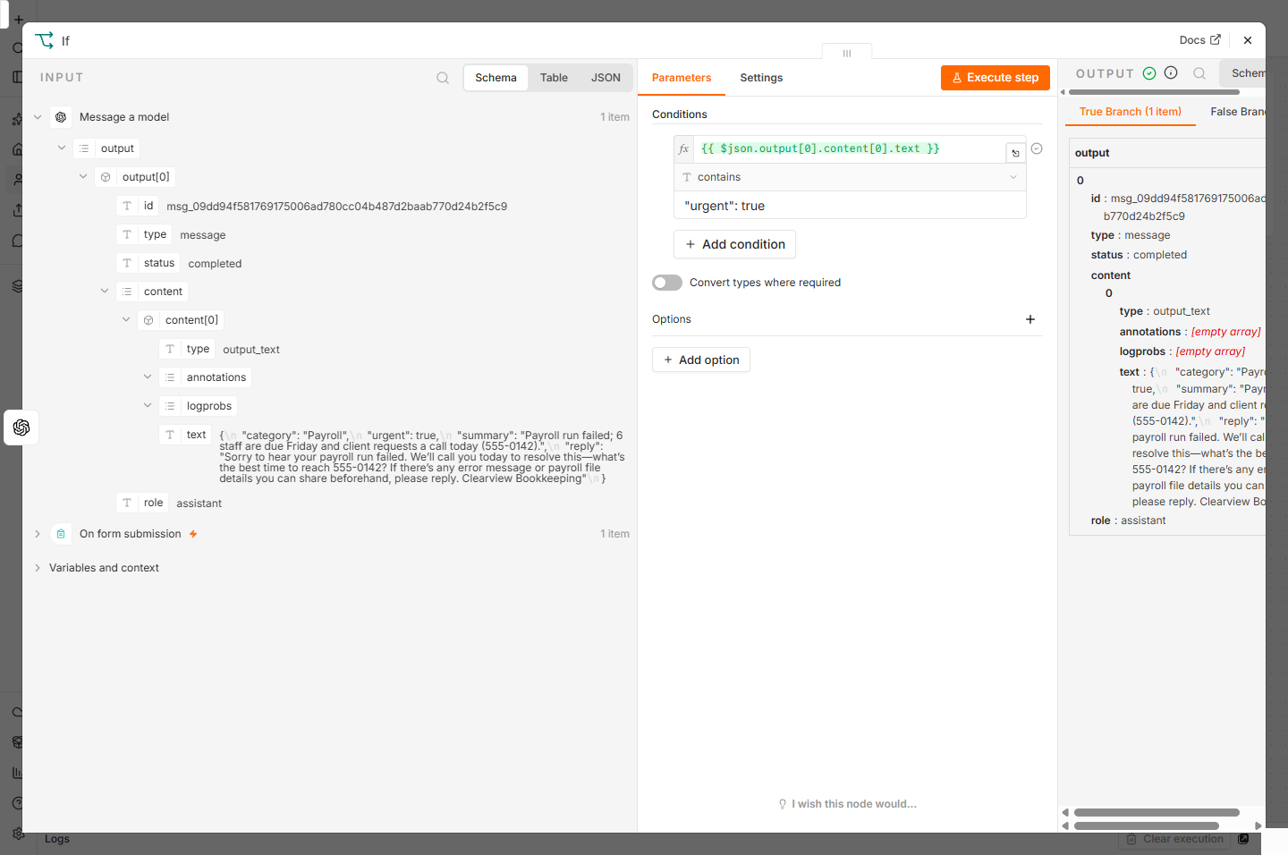 n8n If node: AI text contains "urgent": true, output True Branch 1 item