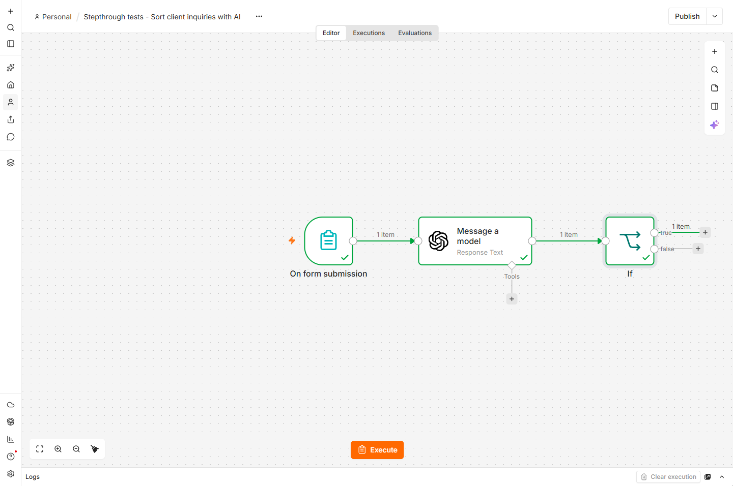 Finished n8n AI workflow: form, Message a model, If with 1 item on the true branch