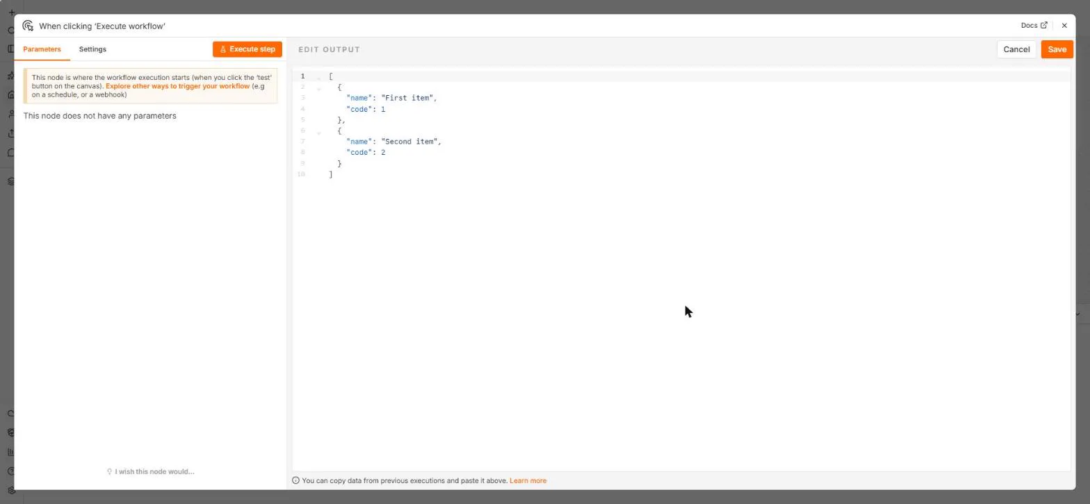 n8n manual trigger node with the EDIT OUTPUT box open for set mock data, showing the example JSON and Cancel and Save buttons