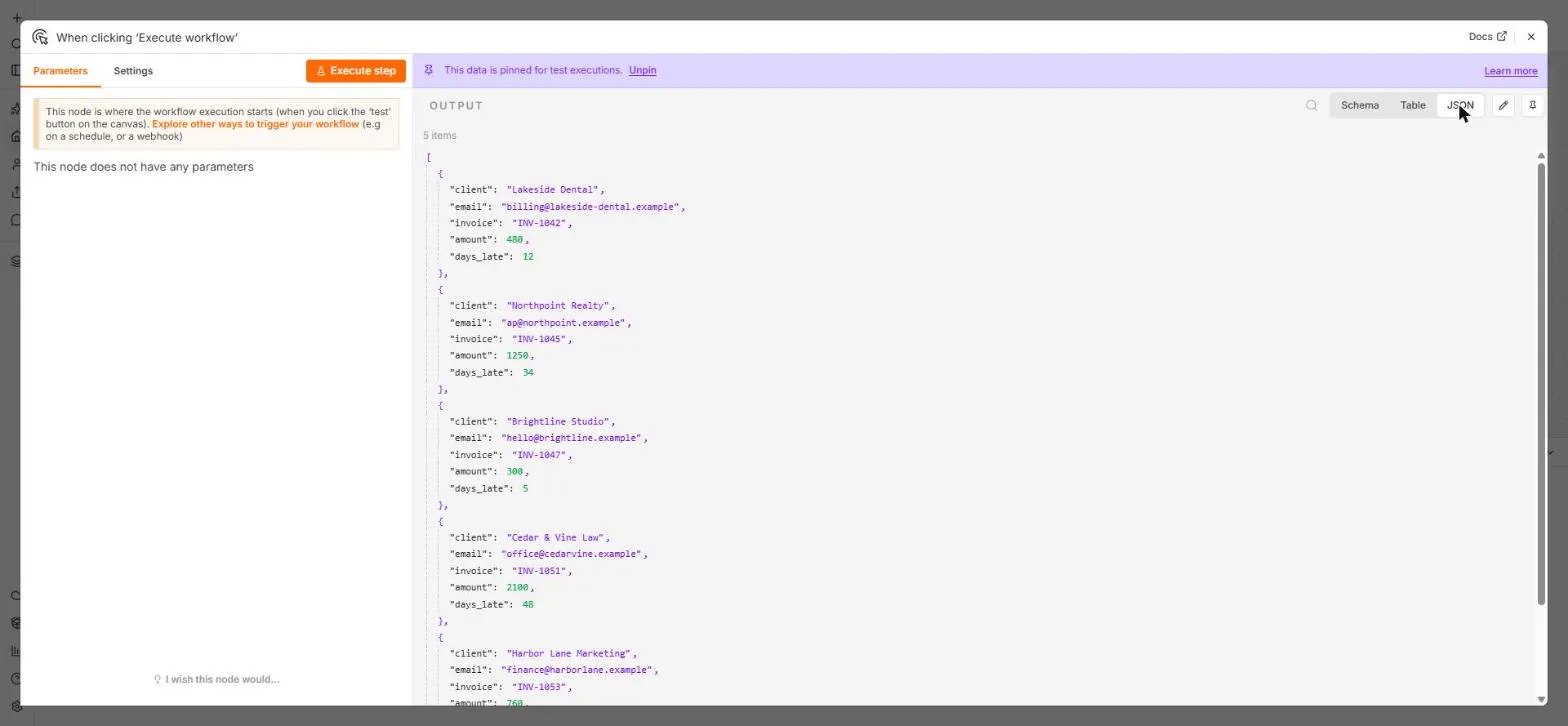 The same five fake invoices in n8n's JSON view, a list in square brackets with one set of curly brackets per invoice