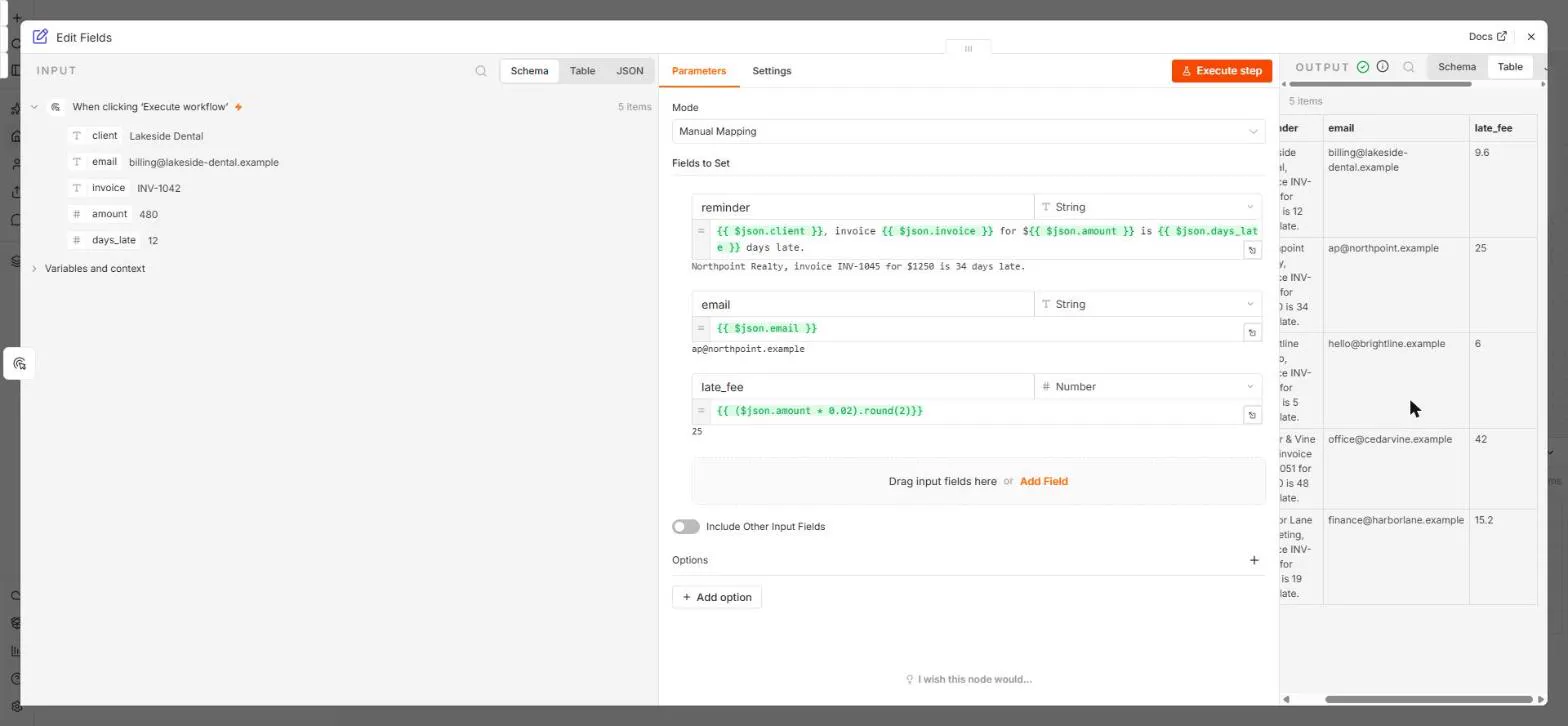 n8n Edit Fields with reminder, email and a Number field late_fee set to {{ ($json.amount * 0.02).round(2) }}, and an OUTPUT table of 5 items with fees 9.6, 25, 6, 42 and 15.2