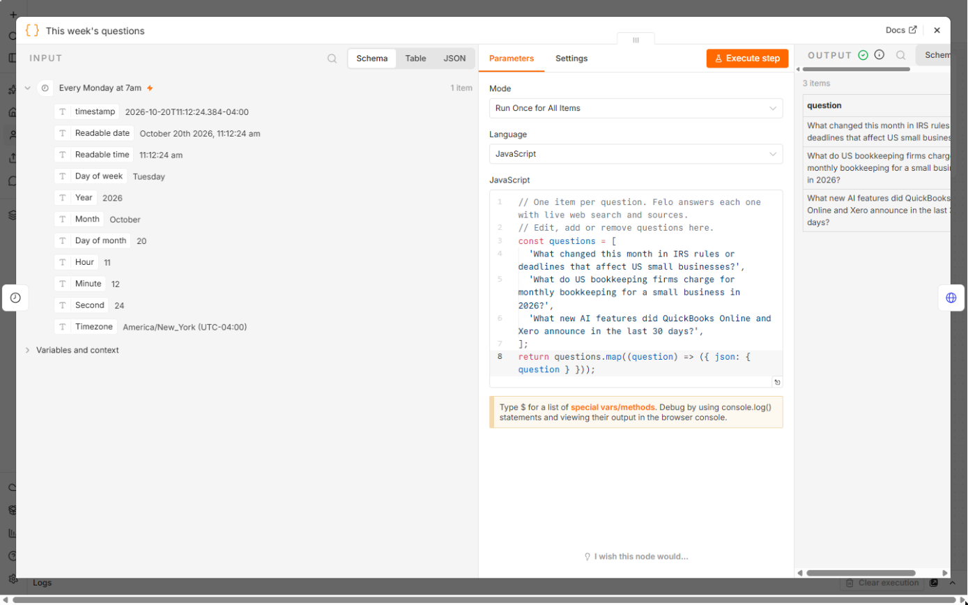 n8n Code node that returns three research questions as three items