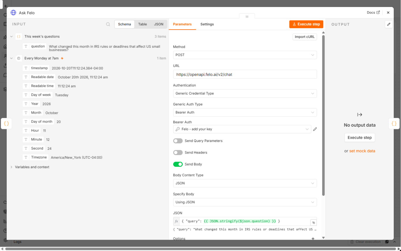 n8n HTTP Request node: POST https://openapi.felo.ai/v2/chat with Bearer Auth and a JSON body with the question as query