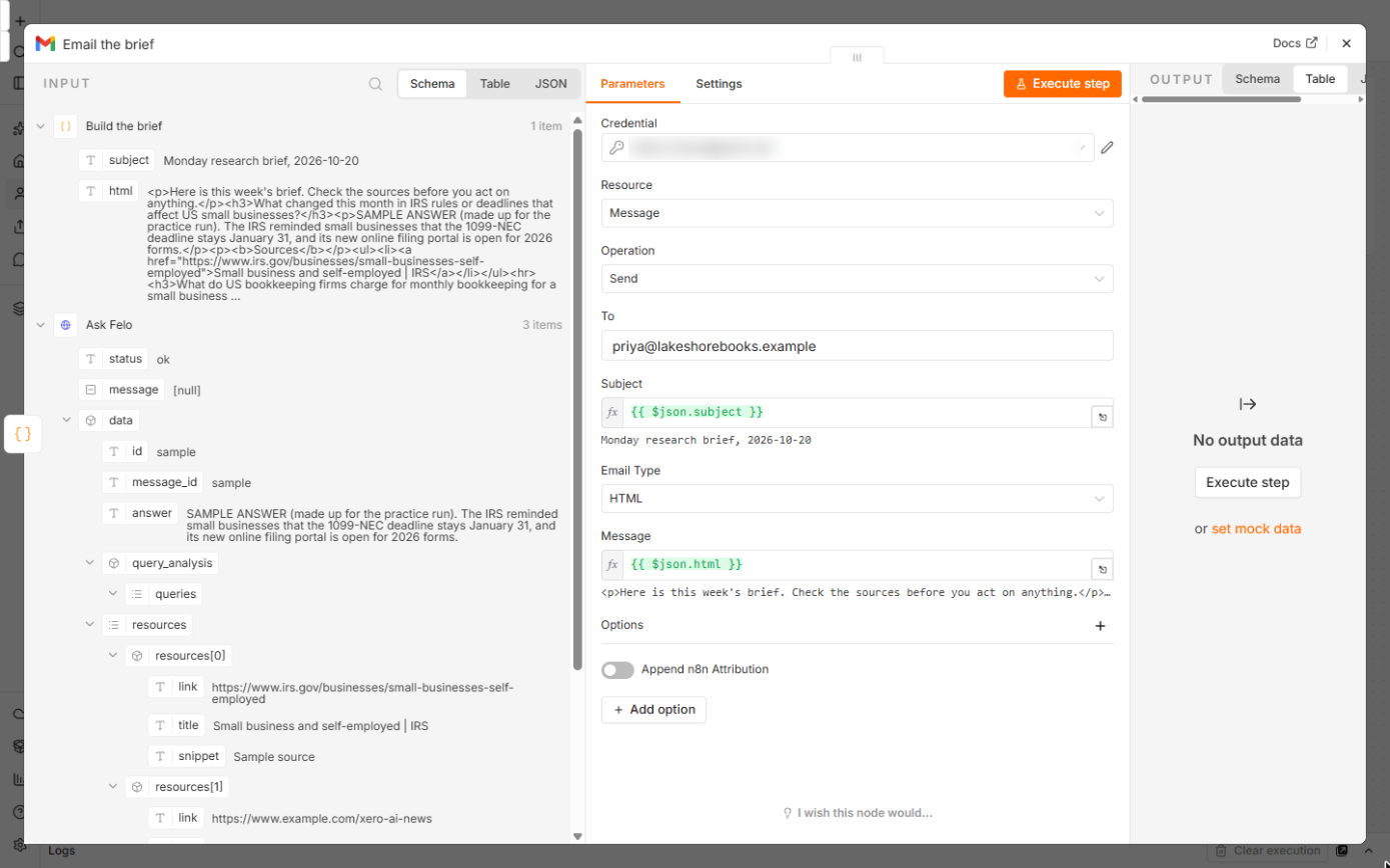 n8n Gmail node that sends the brief: Message, Send, To address, Subject and HTML message from the previous node