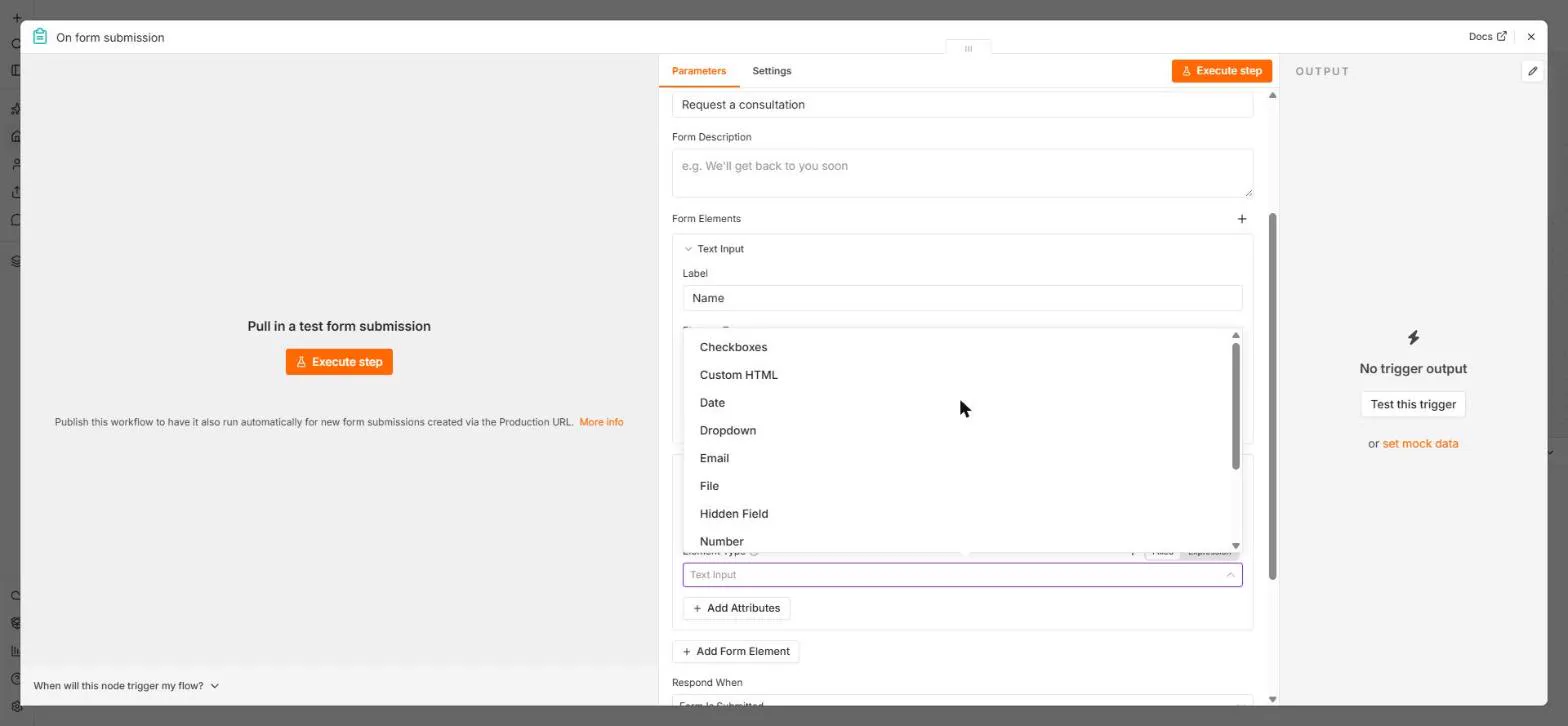 n8n form element Element Type list: Checkboxes, Custom HTML, Date, Dropdown, Email, File, Hidden Field and Number