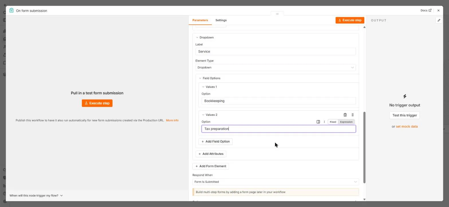 n8n form element set to Dropdown with Field Options Bookkeeping and Tax preparation and an Add Field Option button