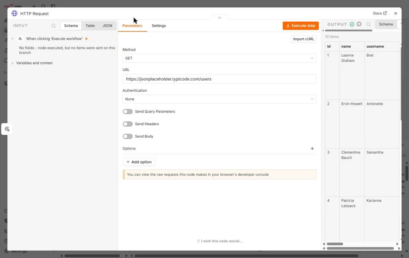 n8n HTTP Request node with Method GET and the URL https://jsonplaceholder.typicode.com/users, and an OUTPUT table of 10 items with id, name and username