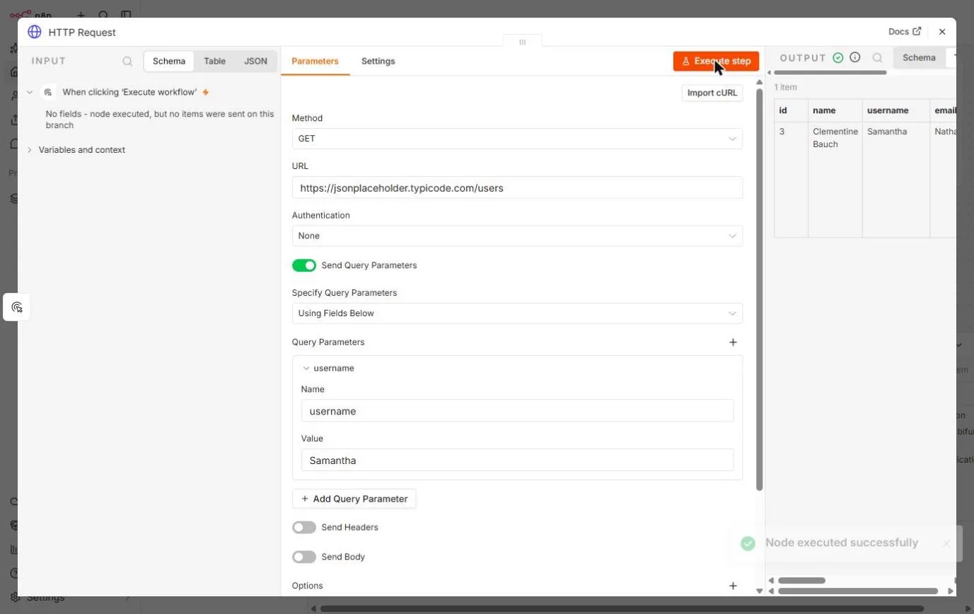 n8n HTTP Request node with Send Query Parameters turned on, Name username and Value Samantha, and an OUTPUT of 1 item for Clementine Bauch