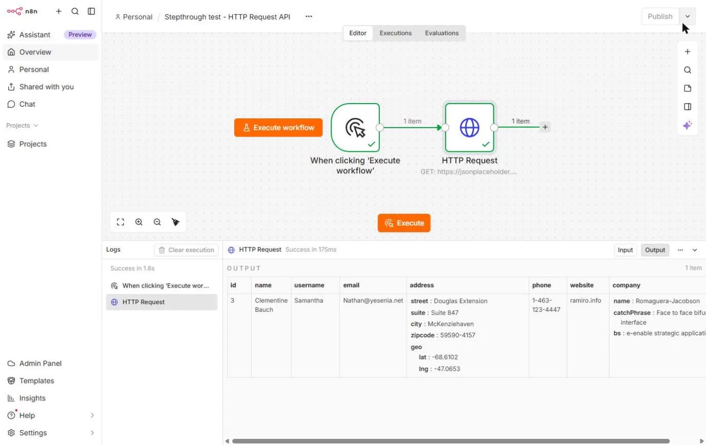 n8n canvas with When clicking Execute workflow connected to HTTP Request, and the Logs panel showing one client record with email, address, phone and company