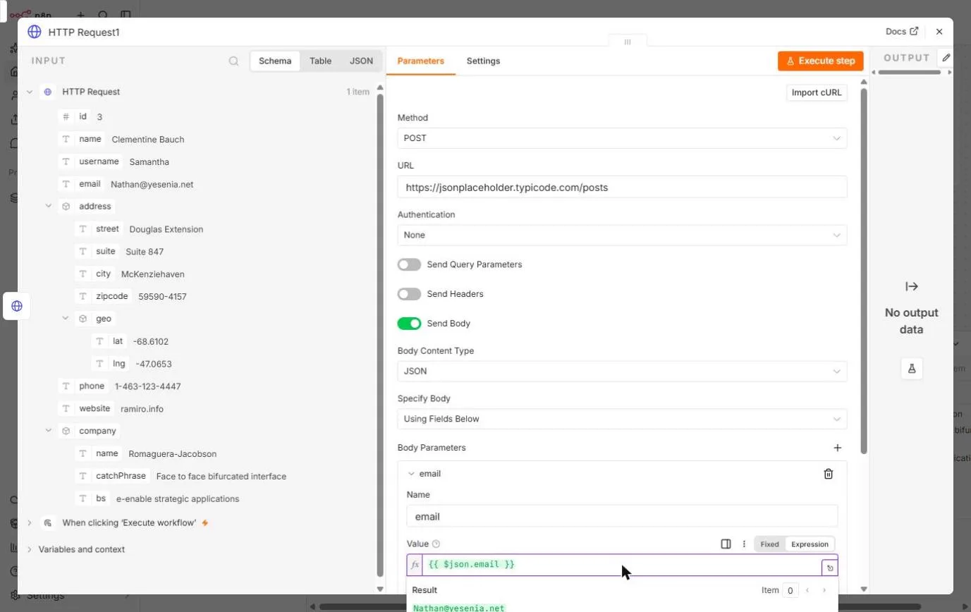 n8n HTTP Request1 node set to POST with Send Body on, Body Content Type JSON, a body field named email and the expression {{ $json.email }} resolving to Nathan@yesenia.net